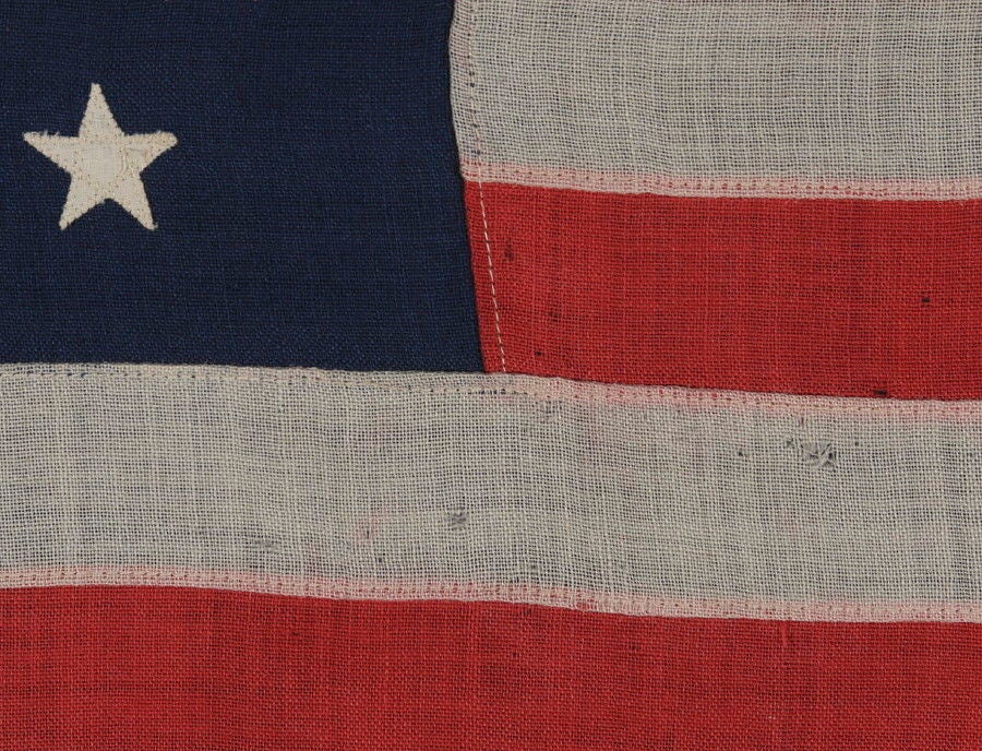 American 45 Stars on a Tiny Pieced-and-Sewn, Wool Bunting Flag