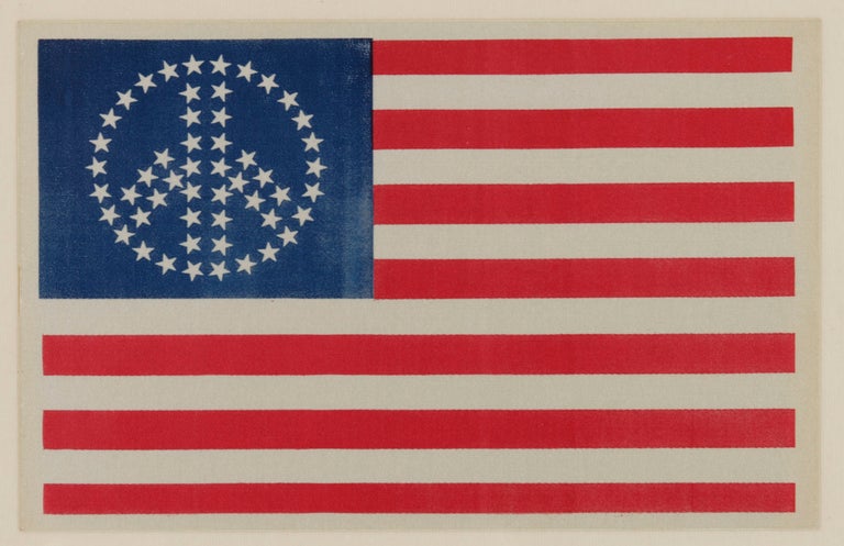 52 STAR AMERICAN FLAG CLOTH JACKET EBLEM WITH PEACE SYMBOL CONFIGURATION, CA 1961-1975:

This unusual flag image is great for two reasons. One is the rather obvious fact that its stars are arranged in the form of the international symbol for