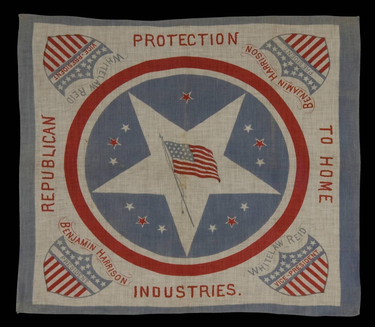 1892 Campaign Kerchief Made to Support the Presidential Run of Benjamin Harrison