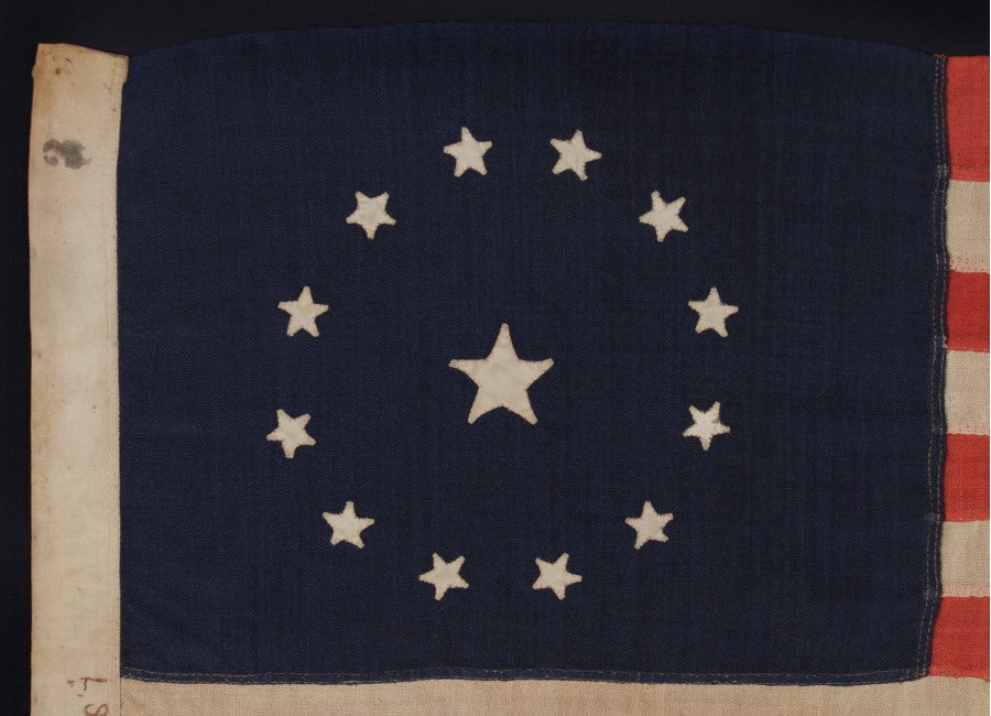 13 STARS IN THE 3rd MARYLAND PATTERN ON A CIVIL WAR ERA FLAG WITH THE SMALLEST HAND-APPLIQUÉD STARS THAT I HAVE EVER SEEN ON A WOOL EXAMPLE OF THE 19TH CENTURY:

We have made 13 star flags in America from 1777 to the present. The U.S. Navy flew