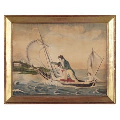 Cupid Directs Young Lovers Toward Shore, Folk Watercolor, 1817