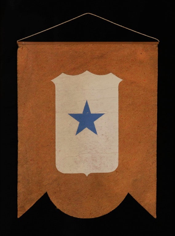 WWI SON-IN-SERVICE WINDOW BANNER WITH AN ATTRACTIVE, SCALLOPED PROFILE, MADE IN KALAMAZOO, MI:

The practice of displaying a son-in-service banner became popular during WWI (u.s. INVOLVEMENT 1917-18) and was continued or even increased during