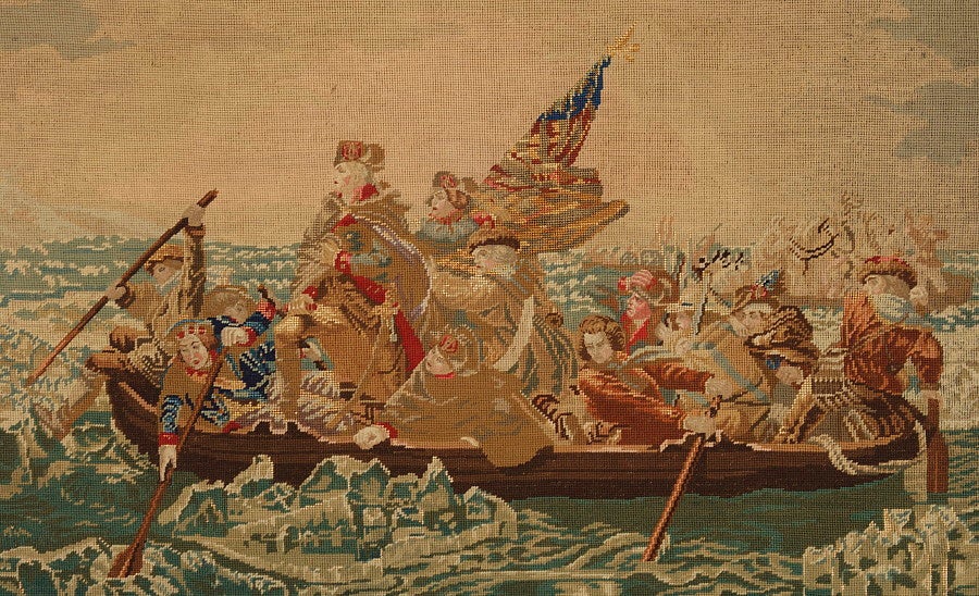 MAGNIFICENT NEEDLEWORK RENDERING OF EMANUEL GOTTLIEB LEUTZE'S PAINTING OF WASHINGTON CROSSING THE DELAWARE, IN ITS ORIGINAL FRAME WITH REVERSE-PAINTED AND GILDED GLASS, SIGNED AND DATED 1865:

1865, Civil War period needlework picture, styled