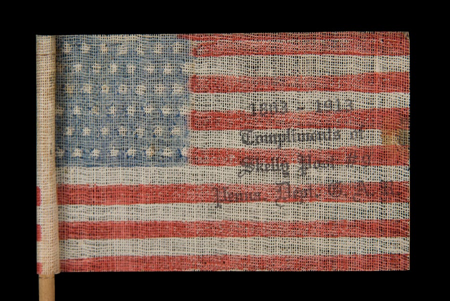 48 STARS, A CIVIL WAR VETERANS FLAG, MADE FOR THE 50-YEAR ANNIVERSARY OF THE BATTLE OF GETTYSBURG, WITH A RELATIONSHIP TO THE STORY OF GINNIE WADE:

48 star American parade flag, printed on glazed cotton and retaining its original staff. The flag
