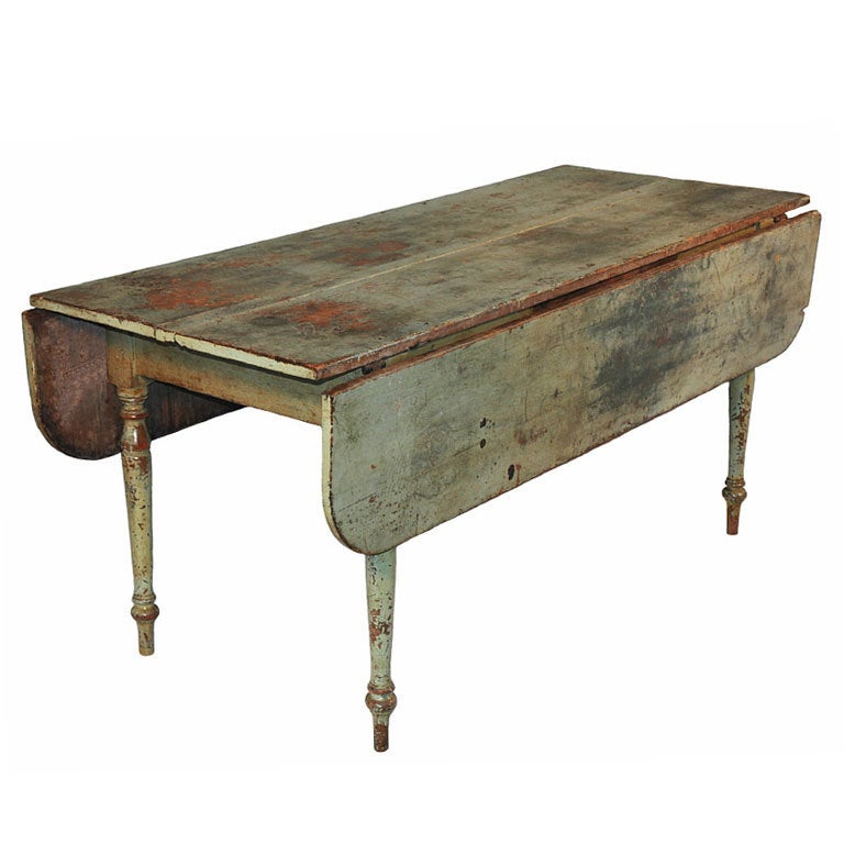 VERDIGRIS GREEN DROPLEAF FARM TABLE ON COUNTRY SHERATON LEGS, MID-19TH CENTURY, AMERICAN:

Great color, surface, and form adorn this country Sheraton farm table. Friendly size and proportions accommodate 6 people with ease; 2 more if need be. Made