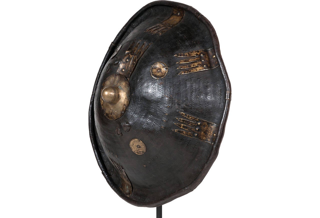 20th Century Animal Hide African Hunter Shield on Stand For Sale