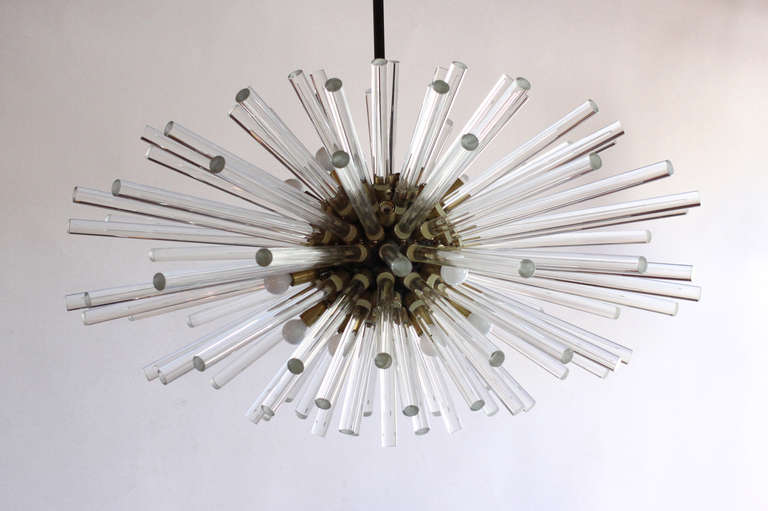 Stunning Italian Brass Sputnik with over 100 Glass Rods, circa 1950.  Lamp is currently wired with original European wiring, and in perfect working condition.  Lamp is not UL listed.  (Rewiring and UL listing is available at additional cost.)