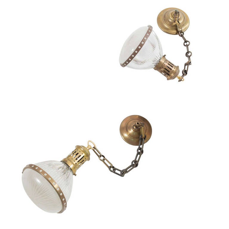 Pair of Brass Holophane Lamps