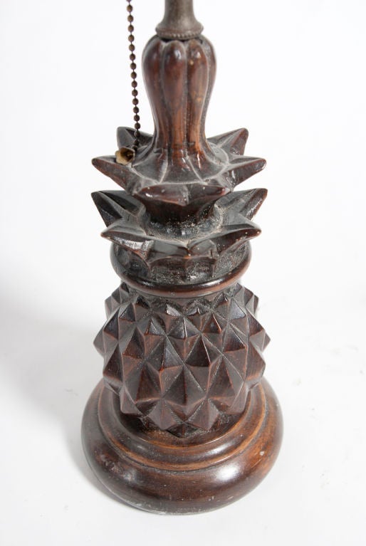Small beautifully carved wood pineapple lamp. Height measurement is to top of socket