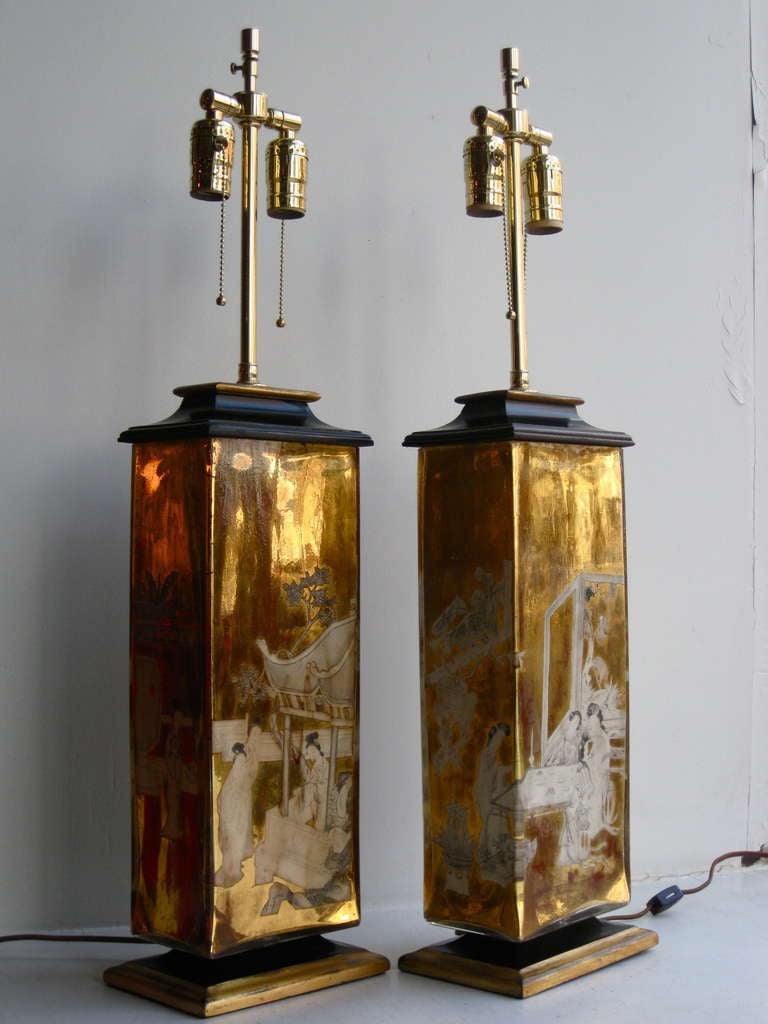 Mid-20th Century Pair of James Mont Attributed Eglomise Glass Table Lamps circa 1940s