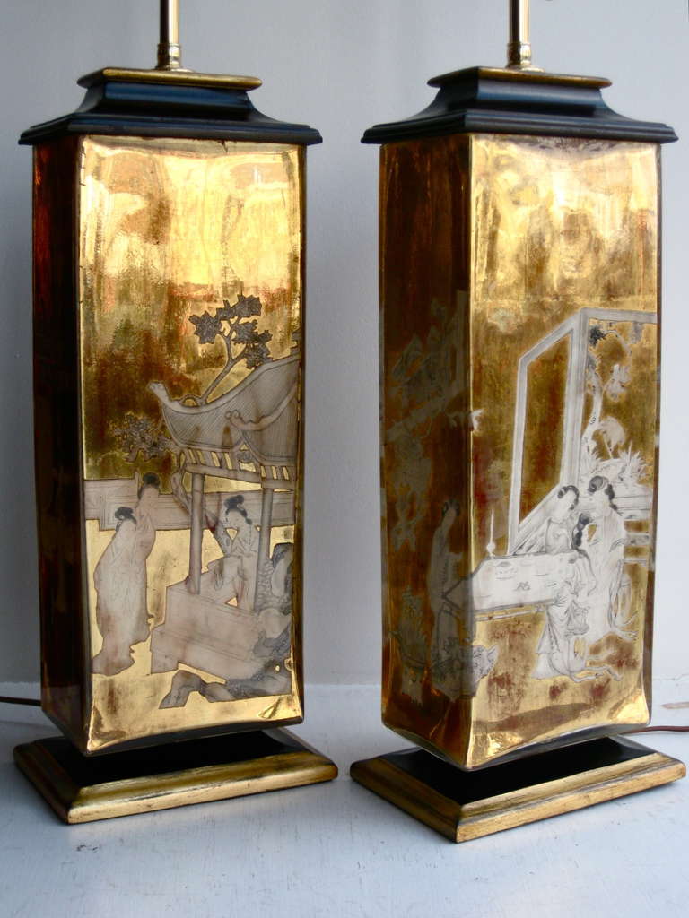 American Pair of James Mont Attributed Eglomise Glass Table Lamps circa 1940s