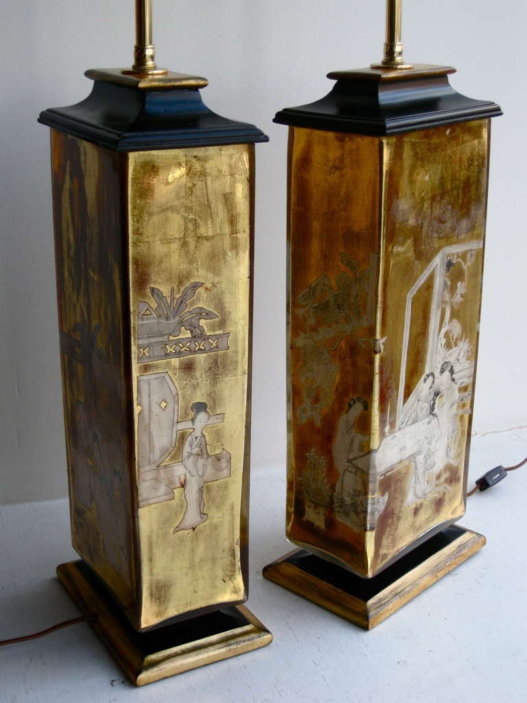 Pair of James Mont Attributed Eglomise Glass Table Lamps circa 1940s 1