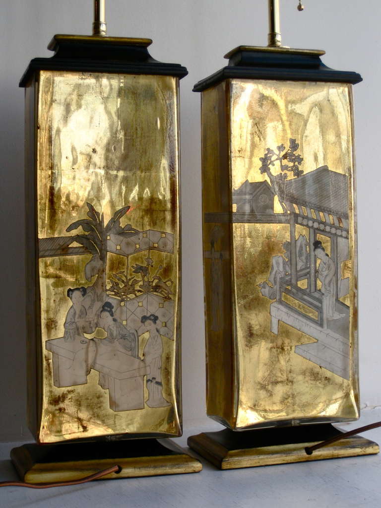 Pair of James Mont Attributed Eglomise Glass Table Lamps circa 1940s 5