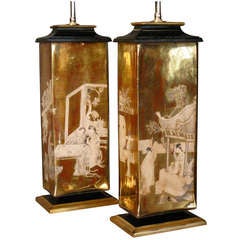 Pair of James Mont Attributed Eglomise Glass Table Lamps circa 1940s