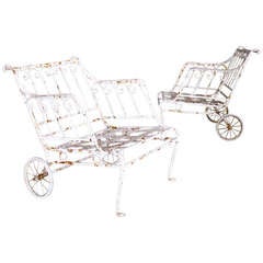 Pair Wrought Iron Garden Lounge Chairs with Wheels circa 1950s