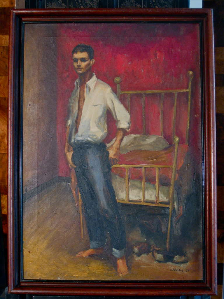 Oil on canvas painting of a young man by American artist Greta Waldas signed and dated 1957. Waldas, known for her portraits, has in the past done portrait commissions for Golda Meir, Lily Tomlin, and Jerry Herman, among others.  Her work has been