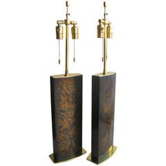 Pair Mutual Sunset Lamp Co. Brass & Faux Tortoise Shell Lacquered Wood Lamps