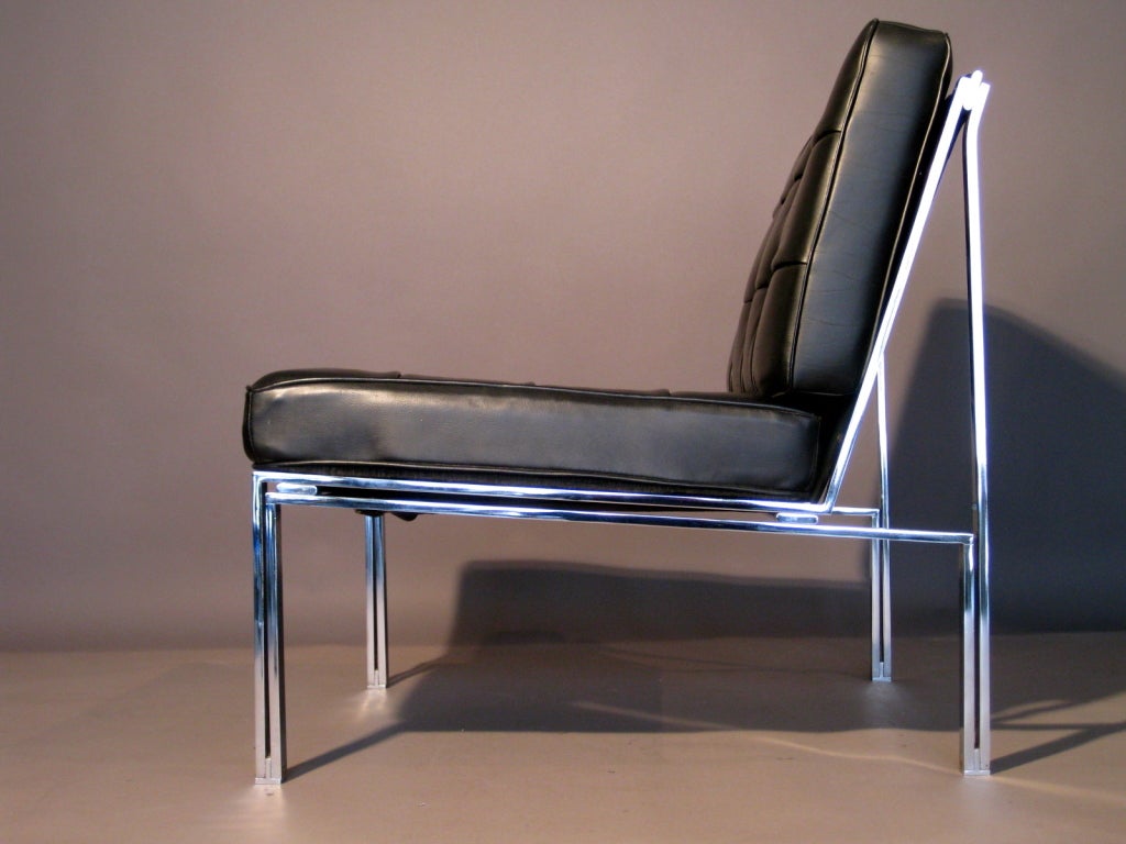 Pair of rarely seen chromed steel and leather lounge chairs designed in Switzerland in 1956 by Kurt Thut. Manufactured by Tschannen Metalbautechnik AG and distributed in the USA by Stendig. Chairs retain Stendig label underneath.

WEEKLY