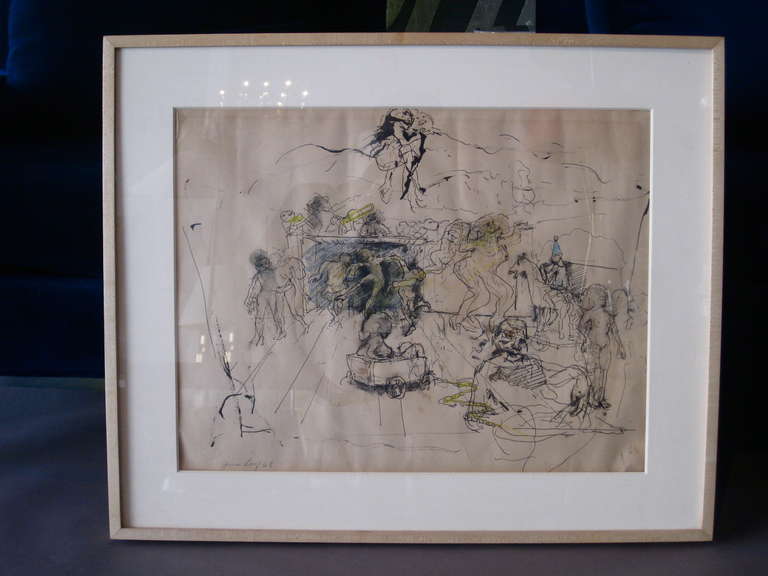 A mixed media drawing on paper by American artist June Leaf signed and dated 1968. Likely a preparation or documentation of a performance piece. Matted and framed. Size of drawing is 21.75