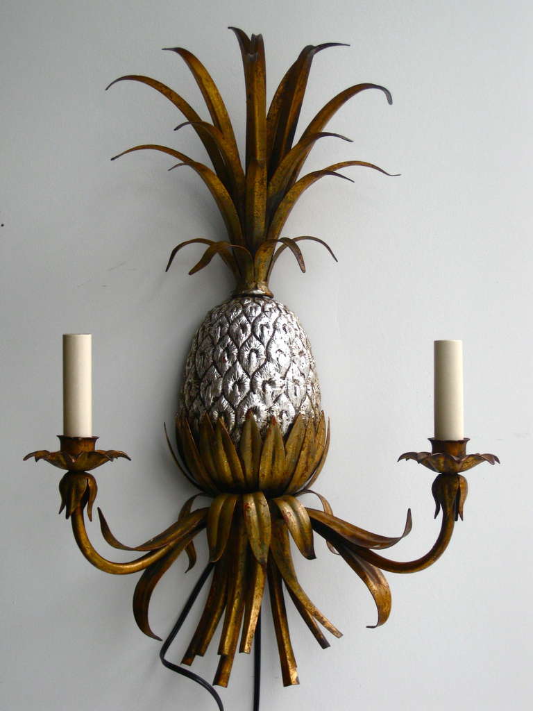 Pair Italian Gilt Metal & Silver Leaf Electrified Pineapple Sconces c.1940s In Good Condition In Easton, PA