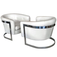 Pair Milo Baughman Chrome Steel Cantilevered Lounge Chairs