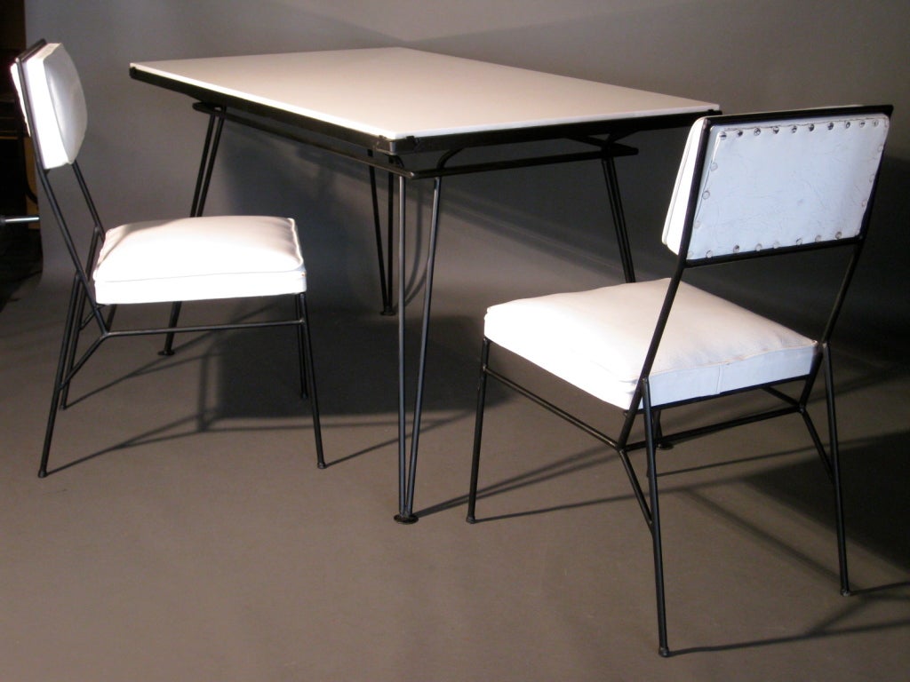 Salterini Wrought Iron & Milk Glass Dining Table w/ Two Chairs