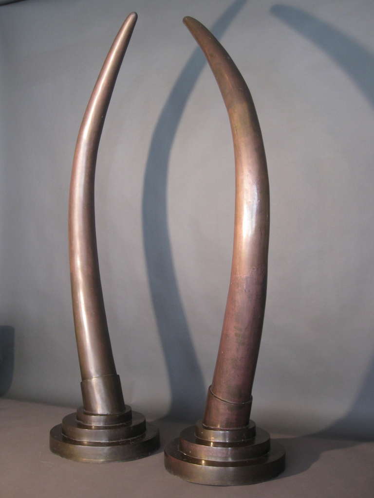 Unknown Pair of Bronze and Brass LIfe Size Elephant Tusks circa 1970s