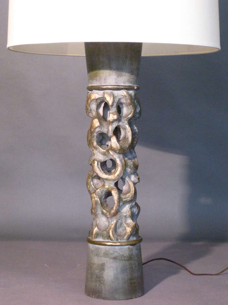 American James Mont Carved Wood Table Lamp with Original Finish circa 1940s