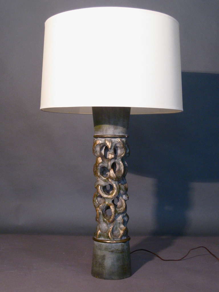 James Mont carved wood lamp with original green finish with gold accents c.1940s. Height of wood base only is 23.75