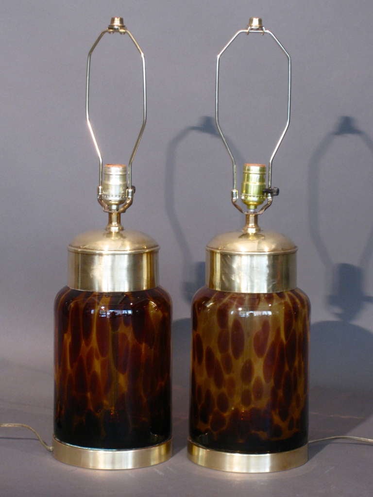 Pair Italian Glass Faux Tortoise Shell Table Lamps c.1960s 3