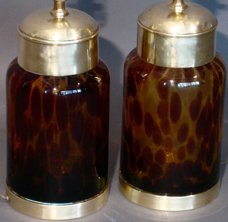 Pair Italian Glass Faux Tortoise Shell Table Lamps c.1960s 4