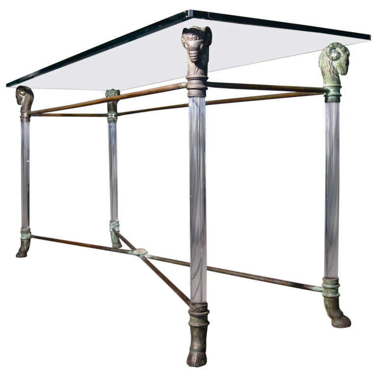Lucite and Brass Console Table with Patinated Brass Rams Heads and Hoof Feet