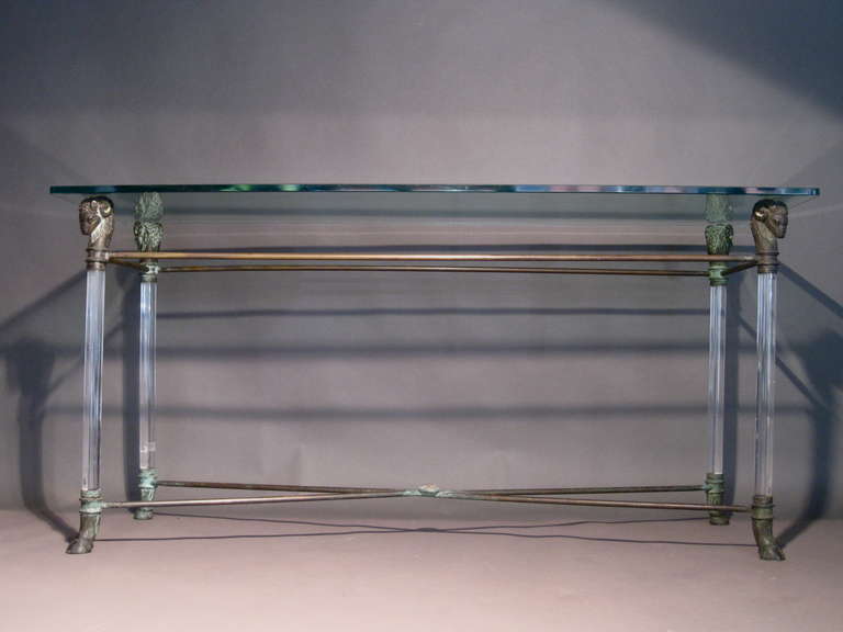 Lucite and Brass Console Table with Patinated Brass Rams Heads and Hoof Feet In Good Condition In Easton, PA