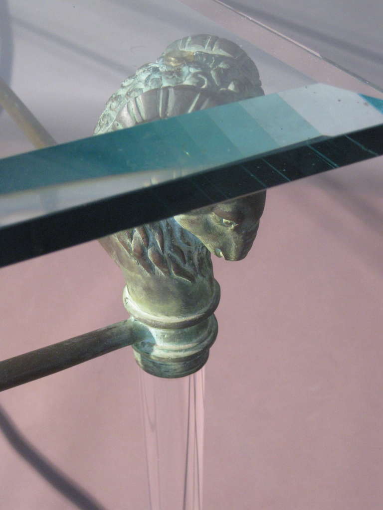 Lucite and Brass Console Table with Patinated Brass Rams Heads and Hoof Feet 3