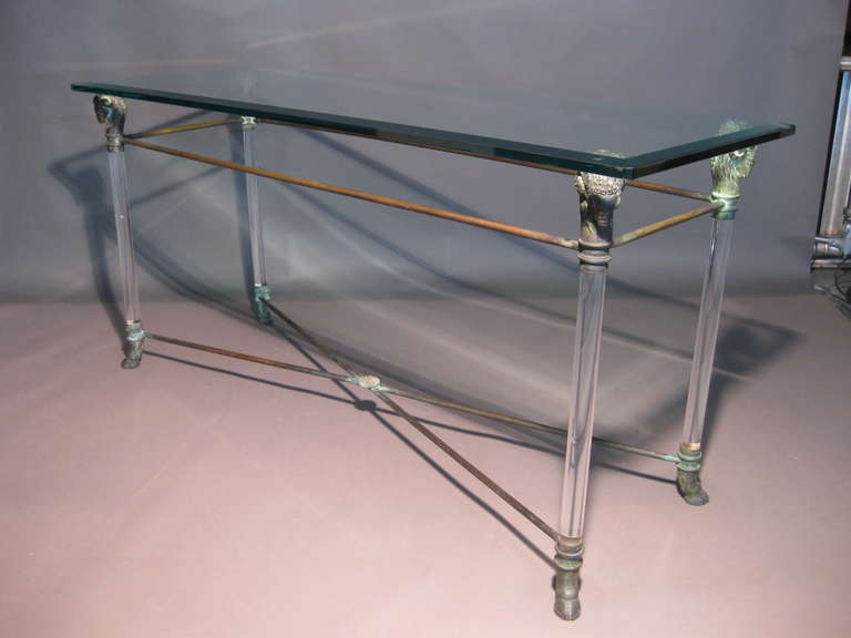 Lucite and Brass Console Table with Patinated Brass Rams Heads and Hoof Feet 4