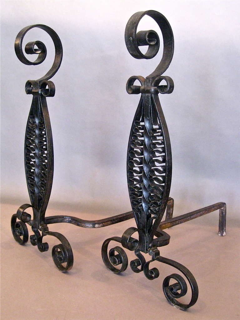 Pair 1920s Wrought Iron Andirons In Good Condition In Easton, PA