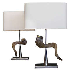 1970s Pair Horn Lamps with Silver Plate Caps & Bases