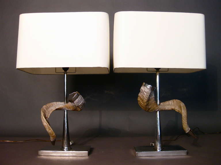 American 1970s Pair Horn Lamps with Silver Plate Caps & Bases