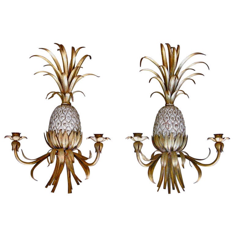 Pair Italian Gilded Metal Pineapple Wall Hanging Candle Holders at 1stdibs
