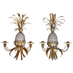 Pair Italian Gilded Metal Pineapple Wall Hanging Candle Holders