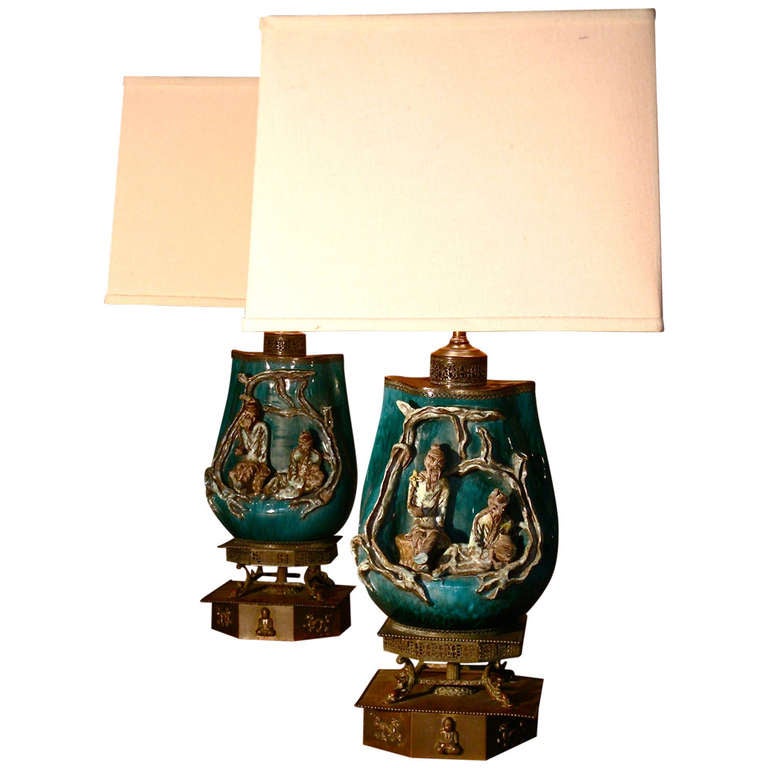 Pair 1940s Marcello Fantoni Italian Ceramic Table Lamps
