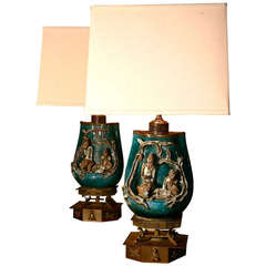 Pair 1940s Marcello Fantoni Italian Ceramic Table Lamps