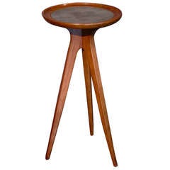 Tri-Pod Walnut & Leather Side Table by Drexel c.1950s