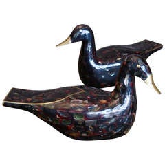Pair of Maitland-Smith Abalone, Horn & Brass Duck Boxes