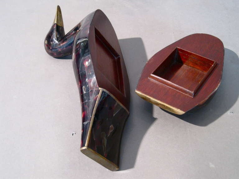 Philippine Pair of Maitland-Smith Abalone, Horn & Brass Duck Boxes