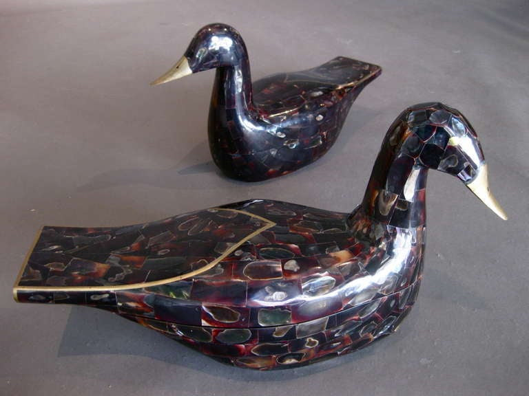 Pair of Maitland-Smith Abalone, Horn & Brass Duck Boxes In Good Condition In Easton, PA