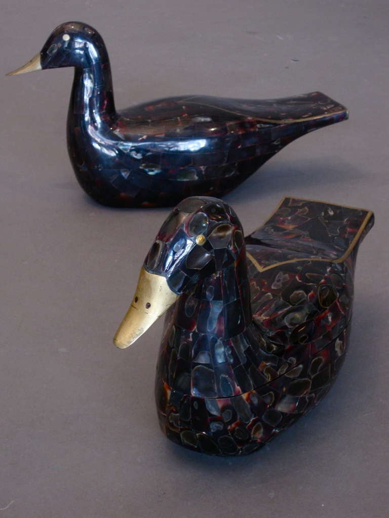 Wood Pair of Maitland-Smith Abalone, Horn & Brass Duck Boxes