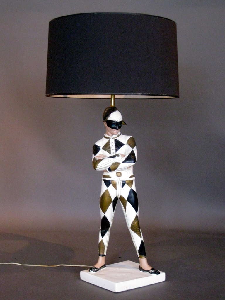 Large hand painted figural Harlequin plaster lamp made by the Los Angeles firm Marbro c.1950s. Height of plaster figure only is 26.5