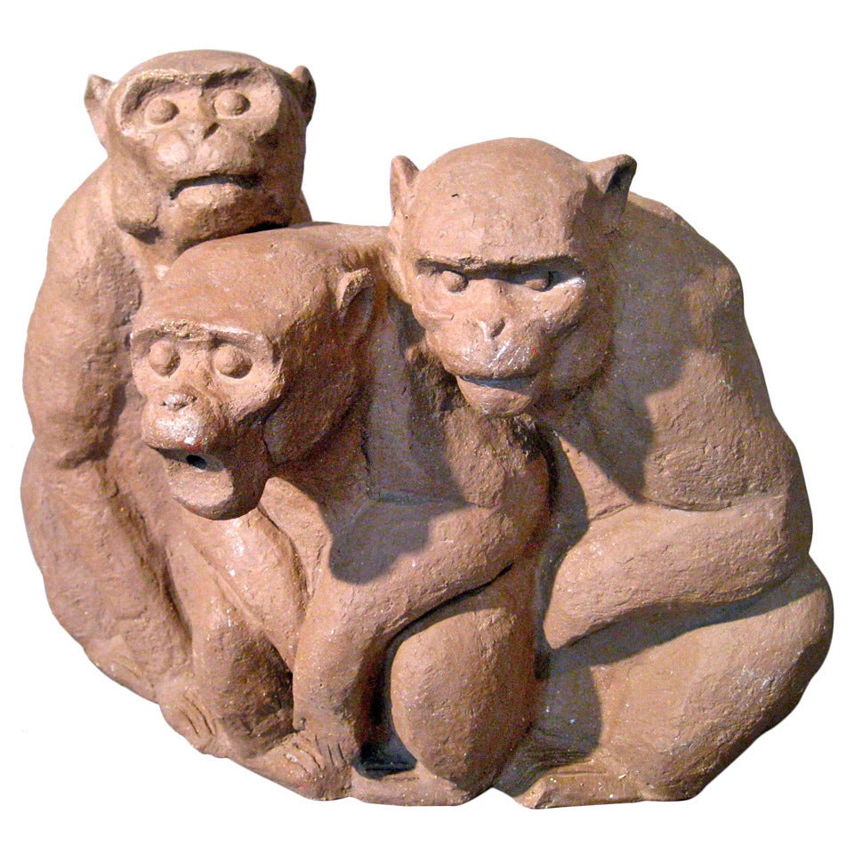 Three Monkeys Hand Built Terracotta Fountain/Sculpture c.1960s