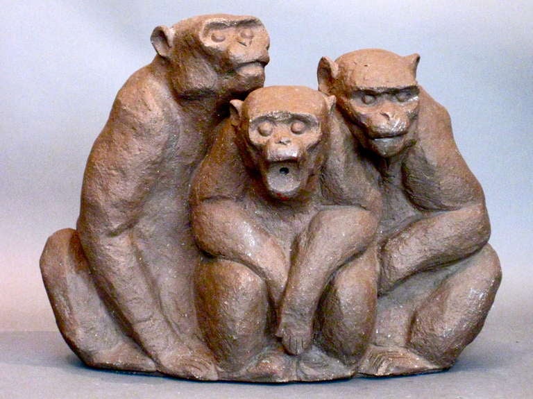 Hand built terracotta fountain c.1960s in the form of three monkeys huddled together with the central monkey having the hole for the fountain. Could also be used as a table sculpture.

WEEKLY DELIVERIES TO MANHATTAN FOR APPROVAL OR SALES. DELIVERY
